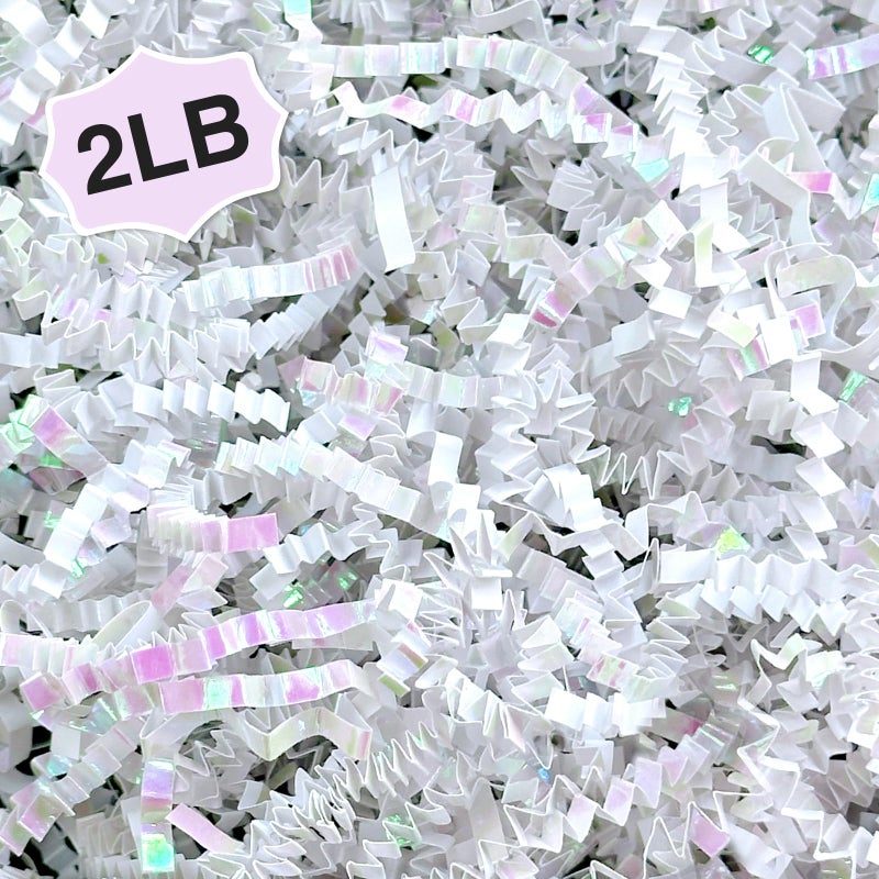 Corlcol 2LB Iridescent Crinkle Paper Shred Filler for Gift Box Bag and Basket On HolidaysDiamond White